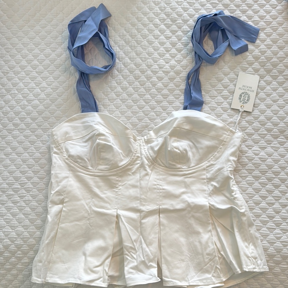 Tuckernuck White Bustier Bodysuit with Blue Tie Straps